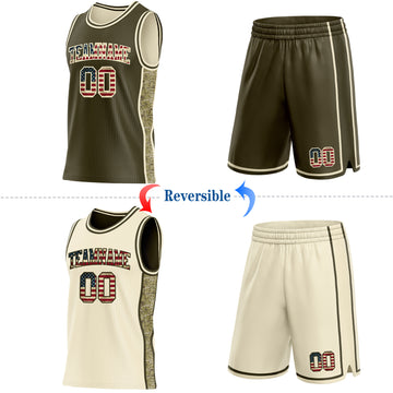 Custom Olive Vintage USA Flag-Cream Camo Side Panel Stripe Reversible Double Side Sublimation Basketball Set Jersey