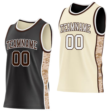 Custom Black(Cream) Brown-White Camo Side Panel Stripe Reversible Double Side Sublimation Basketball Set Jersey