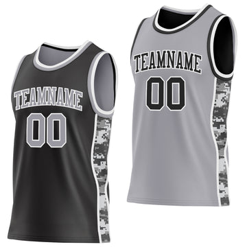 Custom Black Gray-White Camo Side Panel Stripe Reversible Double Side Sublimation Basketball Set Jersey