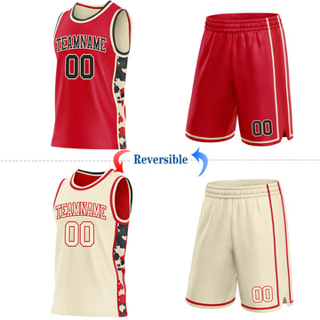 Custom Red Black-Cream Camo Side Panel Stripe Reversible Double Side Sublimation Basketball Set Jersey