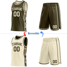 Charger l'image dans la galerie, Custom Olive-Cream Woodland Camo Side Panel Stripe Reversible Double Side Sublimation Basketball Set Jersey
