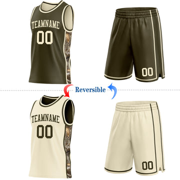 Custom Olive-Cream Woodland Camo Side Panel Stripe Reversible Double Side Sublimation Basketball Set Jersey