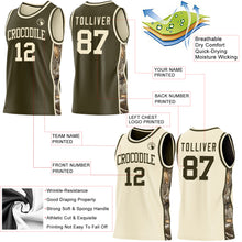 Charger l'image dans la galerie, Custom Olive-Cream Woodland Camo Side Panel Stripe Reversible Double Side Sublimation Basketball Set Jersey
