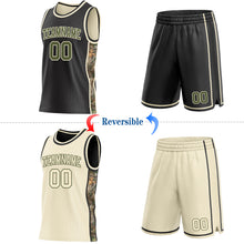 Charger l'image dans la galerie, Custom Black Olive-Cream Woodland Camo Side Panel Stripe Reversible Double Side Sublimation Basketball Set Jersey
