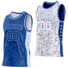 Charger l'image dans la galerie, Custom Royal Light Blue-White Side Panel Stripe Stars Geometric Shatter Starburst Reversible Double Side Sublimation Basketball Set Jersey
