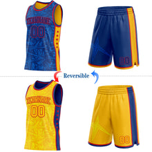 Charger l'image dans la galerie, Custom Royal Red-Gold Side Panel Stripe Stars Geometric Shatter Starburst Reversible Double Side Sublimation Basketball Set Jersey
