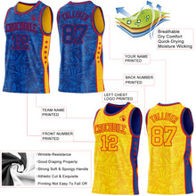 Charger l'image dans la galerie, Custom Royal Red-Gold Side Panel Stripe Stars Geometric Shatter Starburst Reversible Double Side Sublimation Basketball Set Jersey
