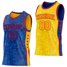 Charger l'image dans la galerie, Custom Royal Red-Gold Side Panel Stripe Stars Geometric Shatter Starburst Reversible Double Side Sublimation Basketball Set Jersey
