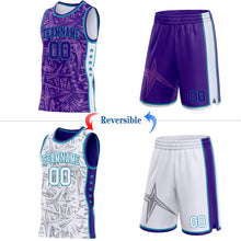 Charger l'image dans la galerie, Custom Purple Teal-White Side Panel Stripe Stars Geometric Shatter Starburst Reversible Double Side Sublimation Basketball Set Jersey
