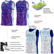 Charger l'image dans la galerie, Custom Purple Teal-White Side Panel Stripe Stars Geometric Shatter Starburst Reversible Double Side Sublimation Basketball Set Jersey
