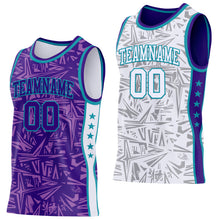 Charger l'image dans la galerie, Custom Purple Teal-White Side Panel Stripe Stars Geometric Shatter Starburst Reversible Double Side Sublimation Basketball Set Jersey
