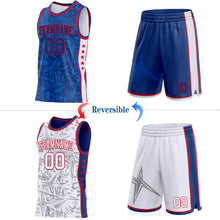 Charger l'image dans la galerie, Custom Royal Red-White Side Panel Stripe Stars Geometric Shatter Starburst Reversible Double Side Sublimation Basketball Set Jersey
