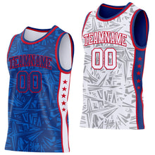 Charger l'image dans la galerie, Custom Royal Red-White Side Panel Stripe Stars Geometric Shatter Starburst Reversible Double Side Sublimation Basketball Set Jersey
