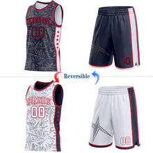 Charger l'image dans la galerie, Custom Navy Red-White Side Panel Stripe Stars Geometric Shatter Starburst Reversible Double Side Sublimation Basketball Set Jersey
