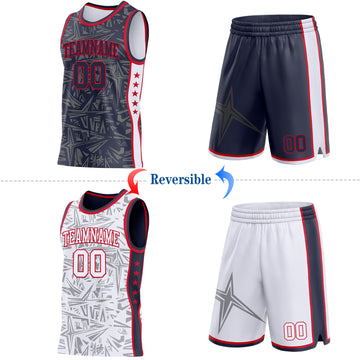 Custom Navy Red-White Side Panel Stripe Stars Geometric Shatter Starburst Reversible Double Side Sublimation Basketball Set Jersey