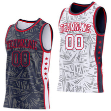 Charger l'image dans la galerie, Custom Navy Red-White Side Panel Stripe Stars Geometric Shatter Starburst Reversible Double Side Sublimation Basketball Set Jersey
