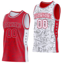Charger l'image dans la galerie, Custom Red Gray-White Side Panel Stripe Stars Geometric Shatter Starburst Reversible Double Side Sublimation Basketball Set Jersey
