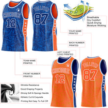 Charger l'image dans la galerie, Custom Royal White-Orange Side Panel Stripe Stars Geometric Shatter Starburst Reversible Double Side Sublimation Basketball Set Jersey
