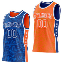 Charger l'image dans la galerie, Custom Royal White-Orange Side Panel Stripe Stars Geometric Shatter Starburst Reversible Double Side Sublimation Basketball Set Jersey

