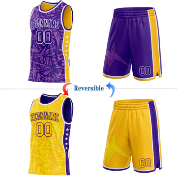Custom Purple White-Gold Side Panel Stripe Stars Geometric Shatter Starburst Reversible Double Side Sublimation Basketball Set Jersey