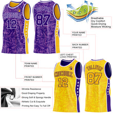 Charger l'image dans la galerie, Custom Purple White-Gold Side Panel Stripe Stars Geometric Shatter Starburst Reversible Double Side Sublimation Basketball Set Jersey
