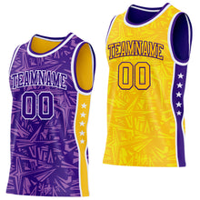 Charger l'image dans la galerie, Custom Purple White-Gold Side Panel Stripe Stars Geometric Shatter Starburst Reversible Double Side Sublimation Basketball Set Jersey
