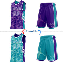 Charger l'image dans la galerie, Custom Purple White-Teal Side Panel Stripe Stars Geometric Shatter Starburst Reversible Double Side Sublimation Basketball Set Jersey

