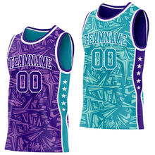 Charger l'image dans la galerie, Custom Purple White-Teal Side Panel Stripe Stars Geometric Shatter Starburst Reversible Double Side Sublimation Basketball Set Jersey
