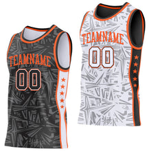 Charger l'image dans la galerie, Custom Black White-Orange Side Panel Stripe Stars Geometric Shatter Starburst Reversible Double Side Sublimation Basketball Set Jersey
