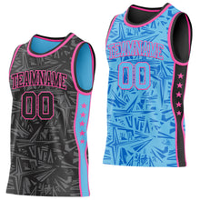 Charger l'image dans la galerie, Custom Black Pink-Sky Blue Side Panel Stripe Stars Geometric Shatter Starburst Reversible Double Side Sublimation Basketball Set Jersey
