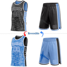 Charger l'image dans la galerie, Custom Black White-Light Blue Side Panel Stripe Stars Geometric Shatter Starburst Reversible Double Side Sublimation Basketball Set Jersey
