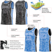 Charger l'image dans la galerie, Custom Black White-Light Blue Side Panel Stripe Stars Geometric Shatter Starburst Reversible Double Side Sublimation Basketball Set Jersey
