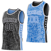 Charger l'image dans la galerie, Custom Black White-Light Blue Side Panel Stripe Stars Geometric Shatter Starburst Reversible Double Side Sublimation Basketball Set Jersey
