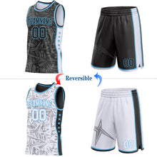 Charger l'image dans la galerie, Custom Black Sky Blue-White Side Panel Stripe Stars Geometric Shatter Starburst Reversible Double Side Sublimation Basketball Set Jersey
