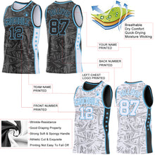 Charger l'image dans la galerie, Custom Black Sky Blue-White Side Panel Stripe Stars Geometric Shatter Starburst Reversible Double Side Sublimation Basketball Set Jersey
