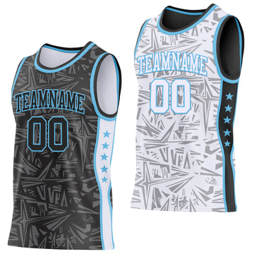 Custom Black Sky Blue-White Side Panel Stripe Stars Geometric Shatter Starburst Reversible Double Side Sublimation Basketball Set Jersey