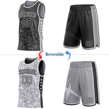 Charger l'image dans la galerie, Custom Black White-Gray Side Panel Stripe Stars Geometric Shatter Starburst Reversible Double Side Sublimation Basketball Set Jersey
