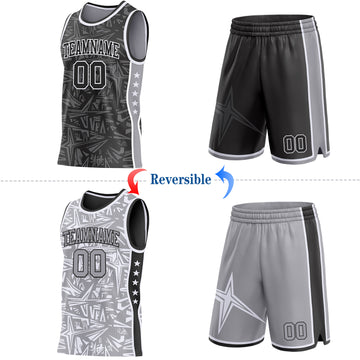 Custom Black White-Gray Side Panel Stripe Stars Geometric Shatter Starburst Reversible Double Side Sublimation Basketball Set Jersey