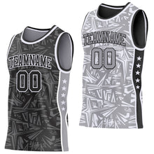 Charger l'image dans la galerie, Custom Black White-Gray Side Panel Stripe Stars Geometric Shatter Starburst Reversible Double Side Sublimation Basketball Set Jersey
