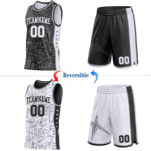 Charger l'image dans la galerie, Custom Black White-Gray Side Panel Stripe Stars Geometric Shatter Starburst Reversible Double Side Sublimation Basketball Set Jersey
