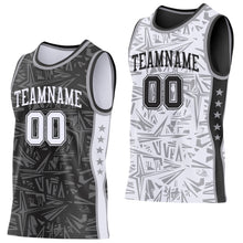 Charger l'image dans la galerie, Custom Black White-Gray Side Panel Stripe Stars Geometric Shatter Starburst Reversible Double Side Sublimation Basketball Set Jersey
