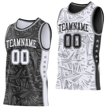 Custom Black White-Gray Side Panel Stripe Stars Geometric Shatter Starburst Reversible Double Side Sublimation Basketball Set Jersey