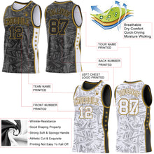 Charger l'image dans la galerie, Custom Black Old Gold-White Side Panel Stripe Stars Geometric Shatter Starburst Reversible Double Side Sublimation Basketball Set Jersey
