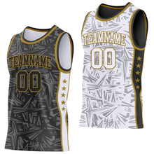 Charger l'image dans la galerie, Custom Black Old Gold-White Side Panel Stripe Stars Geometric Shatter Starburst Reversible Double Side Sublimation Basketball Set Jersey
