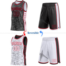 Charger l'image dans la galerie, Custom Black Red-White Side Panel Stripe Stars Geometric Shatter Starburst Reversible Double Side Sublimation Basketball Set Jersey
