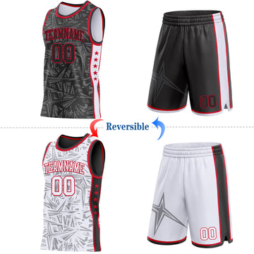 Custom Black Red-White Side Panel Stripe Stars Geometric Shatter Starburst Reversible Double Side Sublimation Basketball Set Jersey