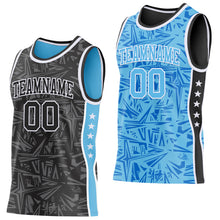 Charger l'image dans la galerie, Custom Black White-Sky Blue Side Panel Stripe Stars Geometric Shatter Starburst Reversible Double Side Sublimation Basketball Set Jersey

