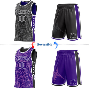 Custom Black White-Purple Side Panel Stripe Stars Geometric Shatter Starburst Reversible Double Side Sublimation Basketball Set Jersey