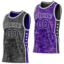 Charger l'image dans la galerie, Custom Black White-Purple Side Panel Stripe Stars Geometric Shatter Starburst Reversible Double Side Sublimation Basketball Set Jersey
