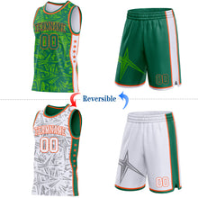 Laden Sie das Bild in den Galerie-Viewer, Custom Kelly Green Orange-White Side Panel Stripe Stars Geometric Shatter Starburst Reversible Double Side Sublimation Basketball Set Jersey
